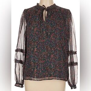 LOFT Sheer Paisley Ruffle-Sleeve Blouse - Black with Teal & Burgundy